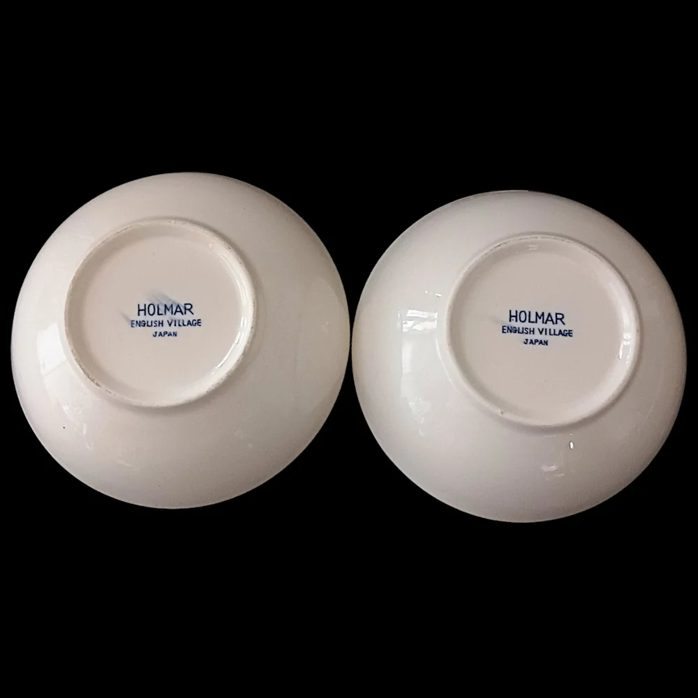 2 Holmar English Village Bowls Set Soup Cereal‎ Berry Blue White Vintage Japan